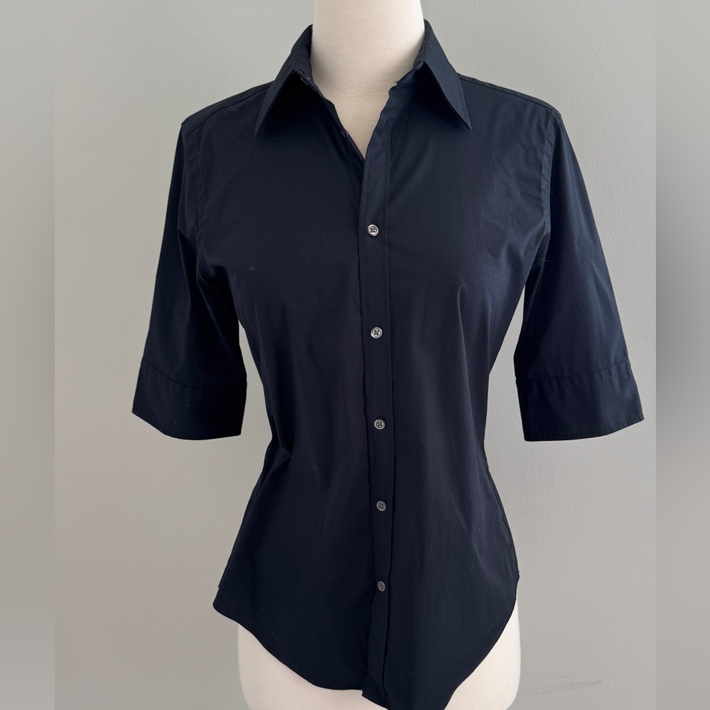 Vintage Ralph Lauren Blue Label Women Button Down Blouse Black Short Sleeve 8